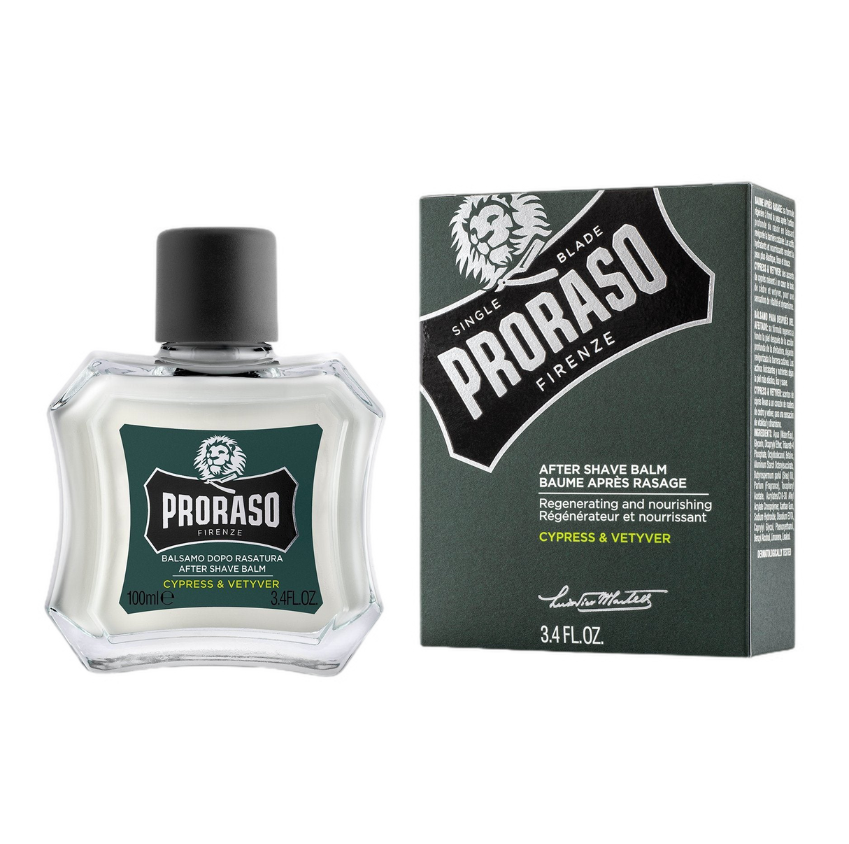 Proraso Single Blade etterbarberingsbalsam med sypress og vetiver i 100 ml glassflaske med original boks