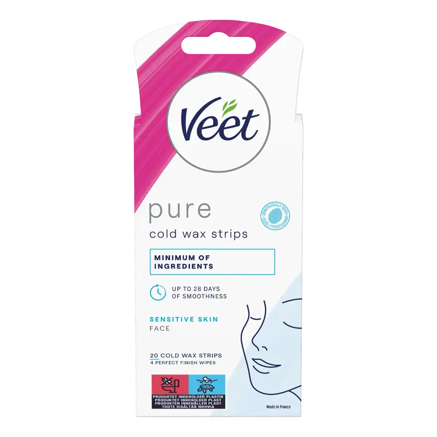 Veet Pure kalde voksstrips for sensitiv hud i ansiktet, 20 stk med våtservietter