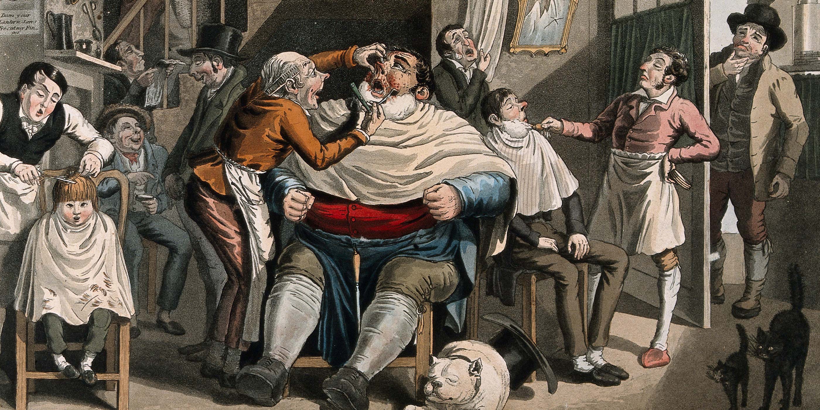 Gammel illustrasjon av en britisk barbersalong