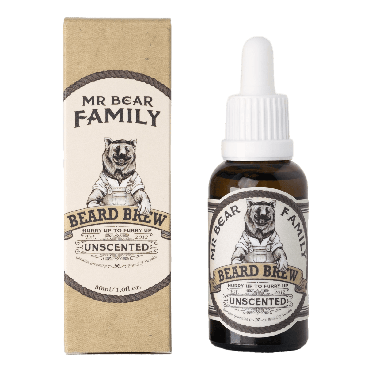 Mr Bear Family skjeggolje uscented i brun glassflaske med pipette og beige kartong