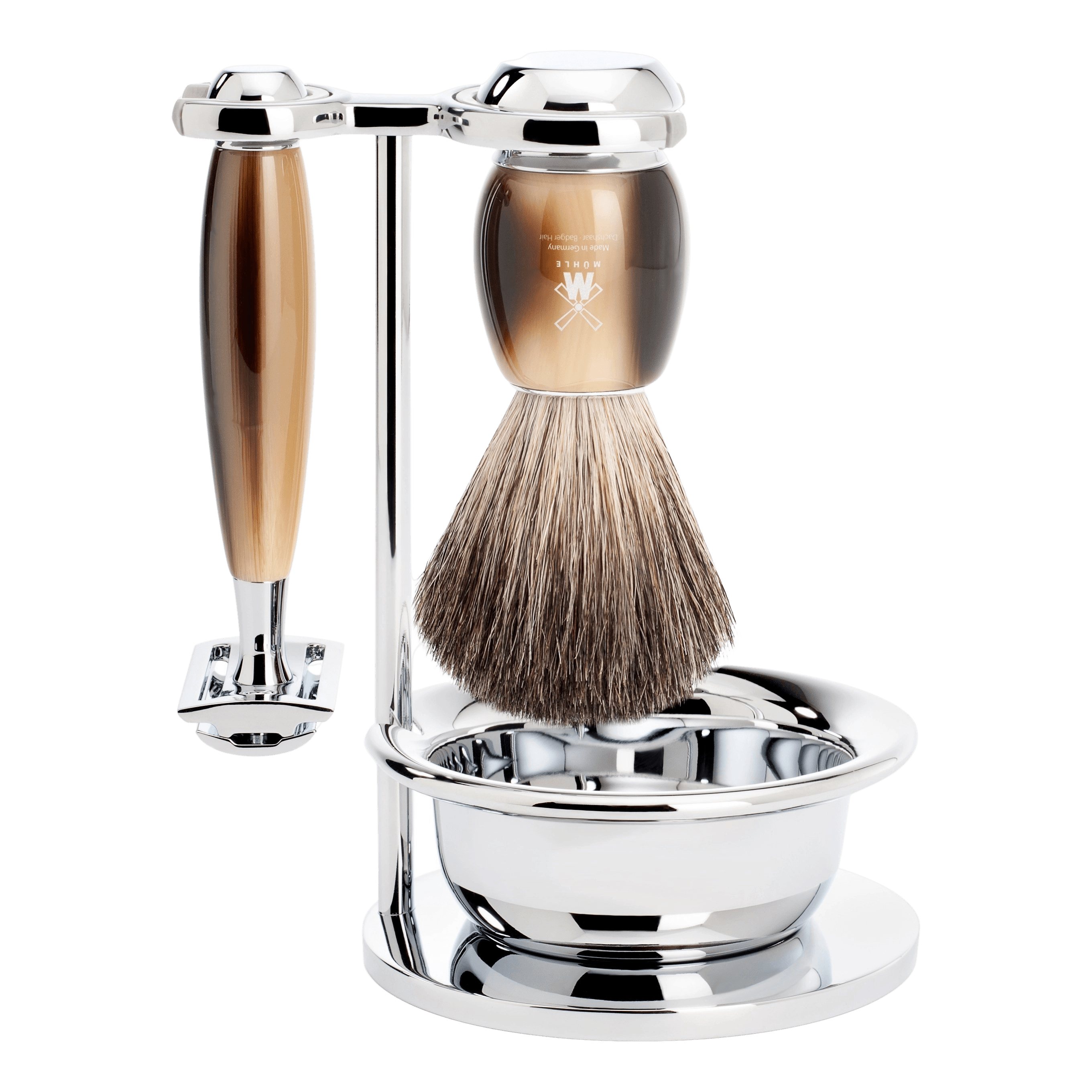 Mühle Vivo barbersett 4 deler Imitert horn Pure Badger