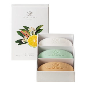 Acca Kappa Soap Collection gavesett med tre såper i hvit, lysgrønn og beige farge