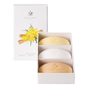 Acca Kappa Soap Collection gavesett med tre ovale såper i gul, hvit og beige farge
