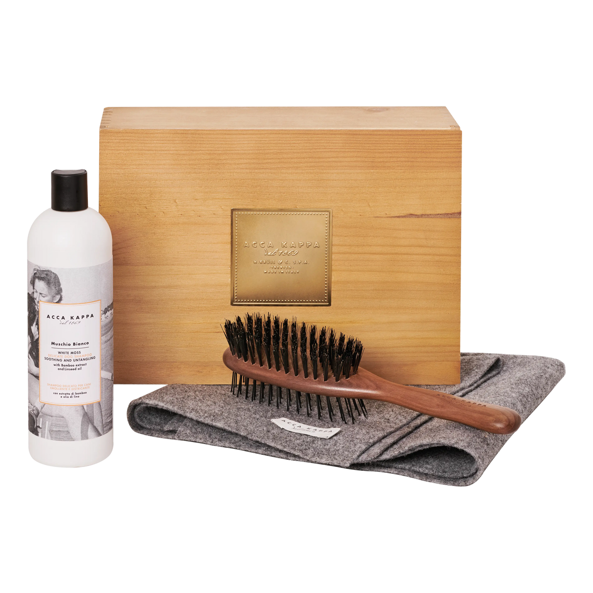 Acca Kappa Pet Coffret White Moss Delicate Dog Shampoo -Double-Sided Dog Brush Soft Mat In Recycled Felt Wool 