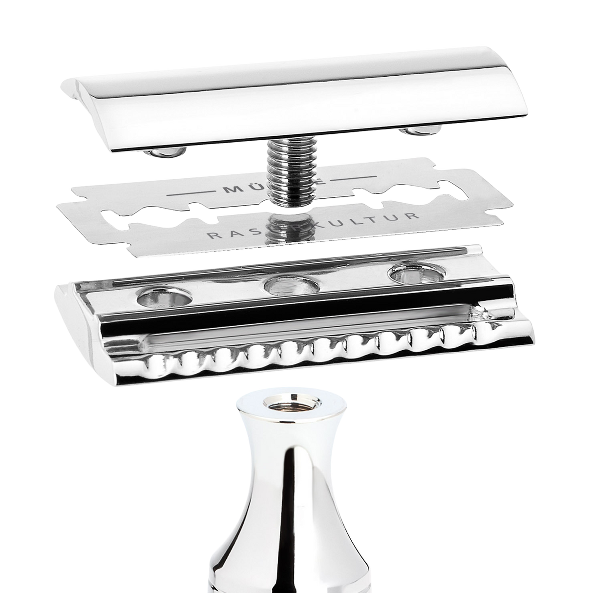 Bilde som viser topp-plate, barberblad, bunnplate og skaft i ulike deler.