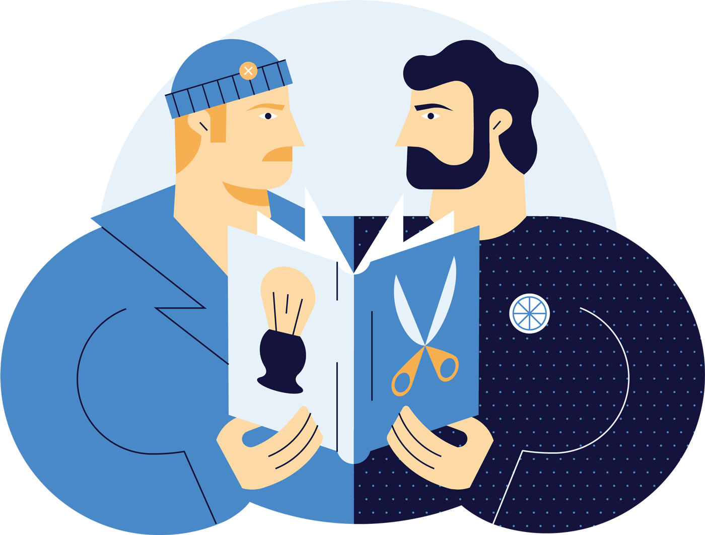 Illustrasjon av en mann med bart og en mann med skjegg som ser på en brosjyre om barberutstyr