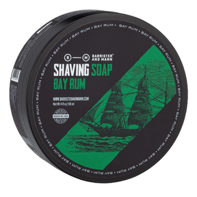 Barrister and Mann barbersåpe Bay Rum med grønt felt og seilskip illustrasjon
