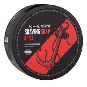 Barrister and Mann barbersåpe Spice med åpen topp, rød etikett og anker motiv