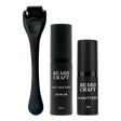 Beard Craft skjeggvekstsett med roller, serum og renser på hvit bakgrunn