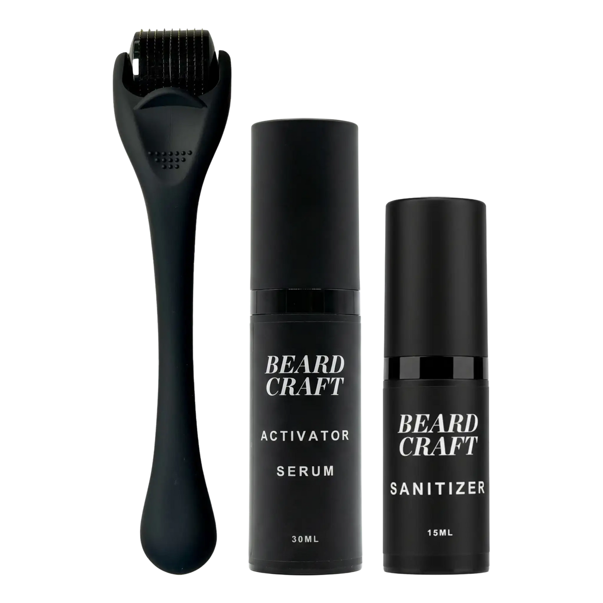 Beard Craft skjeggvekstsett med roller, serum og renser på hvit bakgrunn
