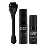 Beard Craft skjeggvekstsett med roller, serum og renser på hvit bakgrunn