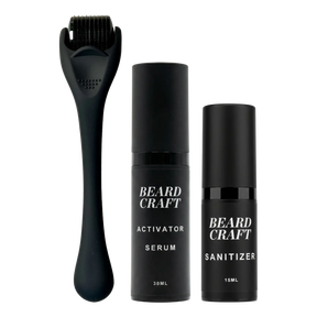Beard Craft skjeggvekstsett med roller, serum og renser på hvit bakgrunn