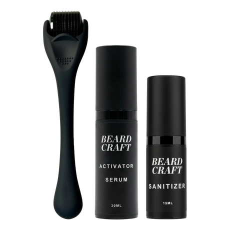 Beard Craft skjeggvekstsett med roller, serum og renser på hvit bakgrunn