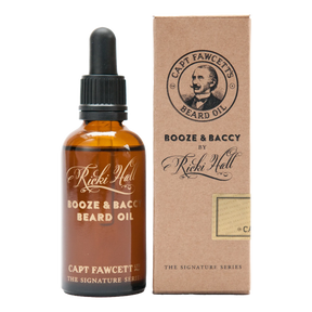 Captain Fawcett Ricki Hall Booze & Baccy beard oil flaske og emballasje