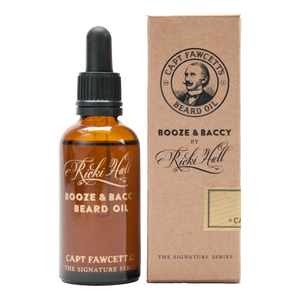 Captain Fawcett Ricki Hall Booze & Baccy beard oil flaske og emballasje