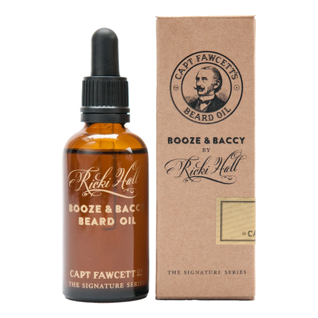 Captain Fawcett Ricki Hall Booze & Baccy beard oil flaske og emballasje