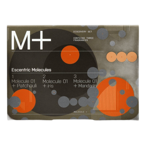 M+ Discovery Set fra Escentric Molecules med Patchouli, Iris og Mandarin i hvit tekst på grønn boks
