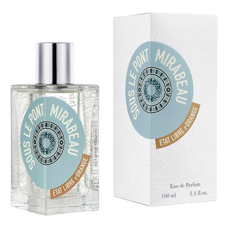 Eau de Parfum Sous le Pont Mirabeau i kvadratisk glassflaske med sølvkork og hvit kartong