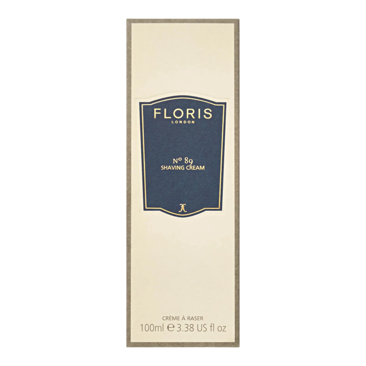 Floris London No. 89 barberkrem i eske med mørkeblå etikett og gyllen ramme