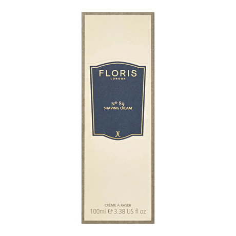 Floris London No. 89 barberkrem i eske med mørkeblå etikett og gyllen ramme