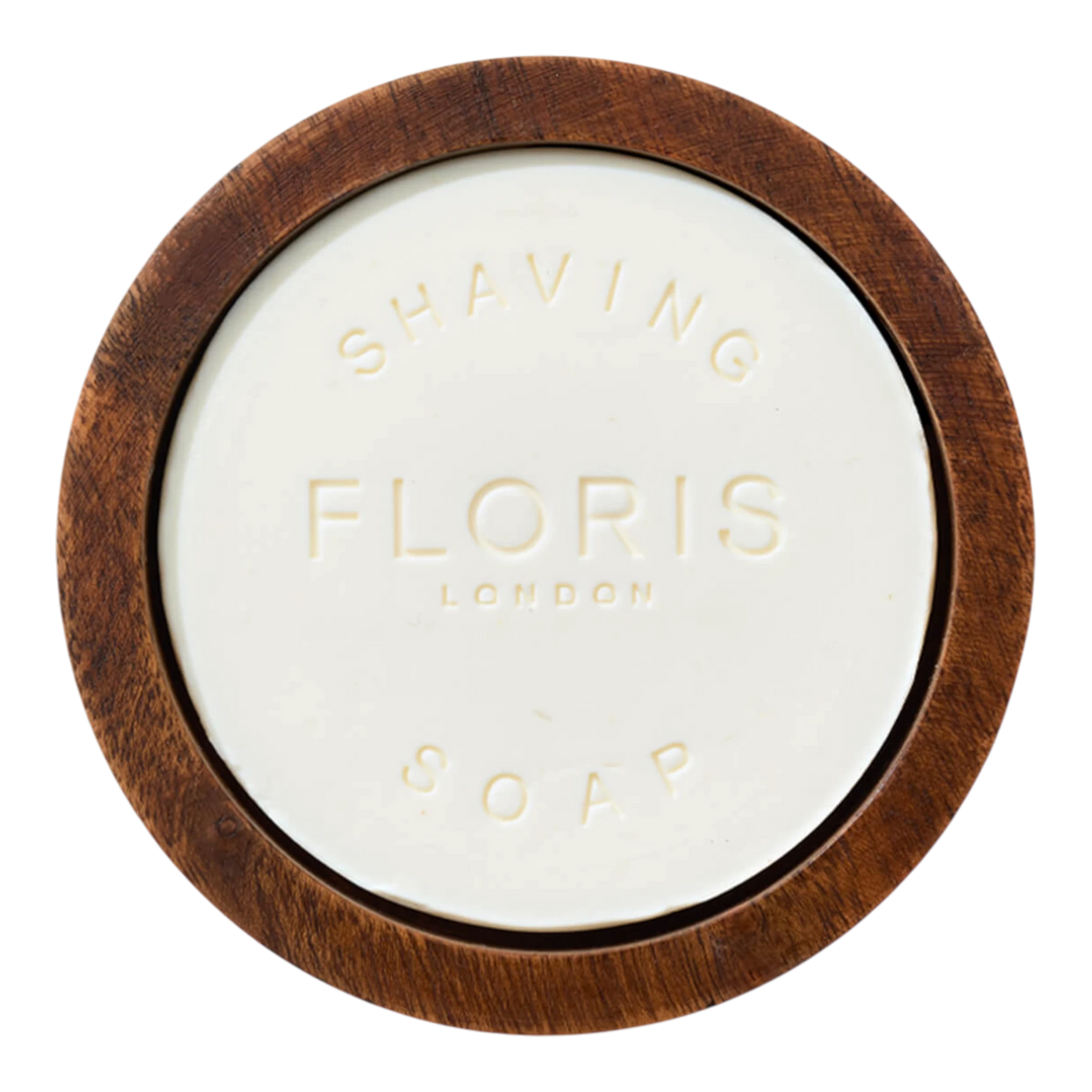 Floris London No. 89 barbersåpe i treskål med hvit såpe og synlig trestruktur
