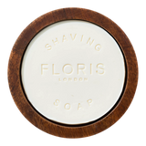 Floris London No. 89 barbersåpe i treskål med hvit såpe og synlig trestruktur