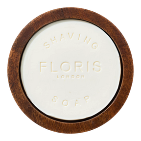 Floris London No. 89 barbersåpe i treskål med hvit såpe og synlig trestruktur
