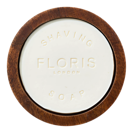 Floris London No. 89 barbersåpe i treskål med hvit såpe og synlig trestruktur