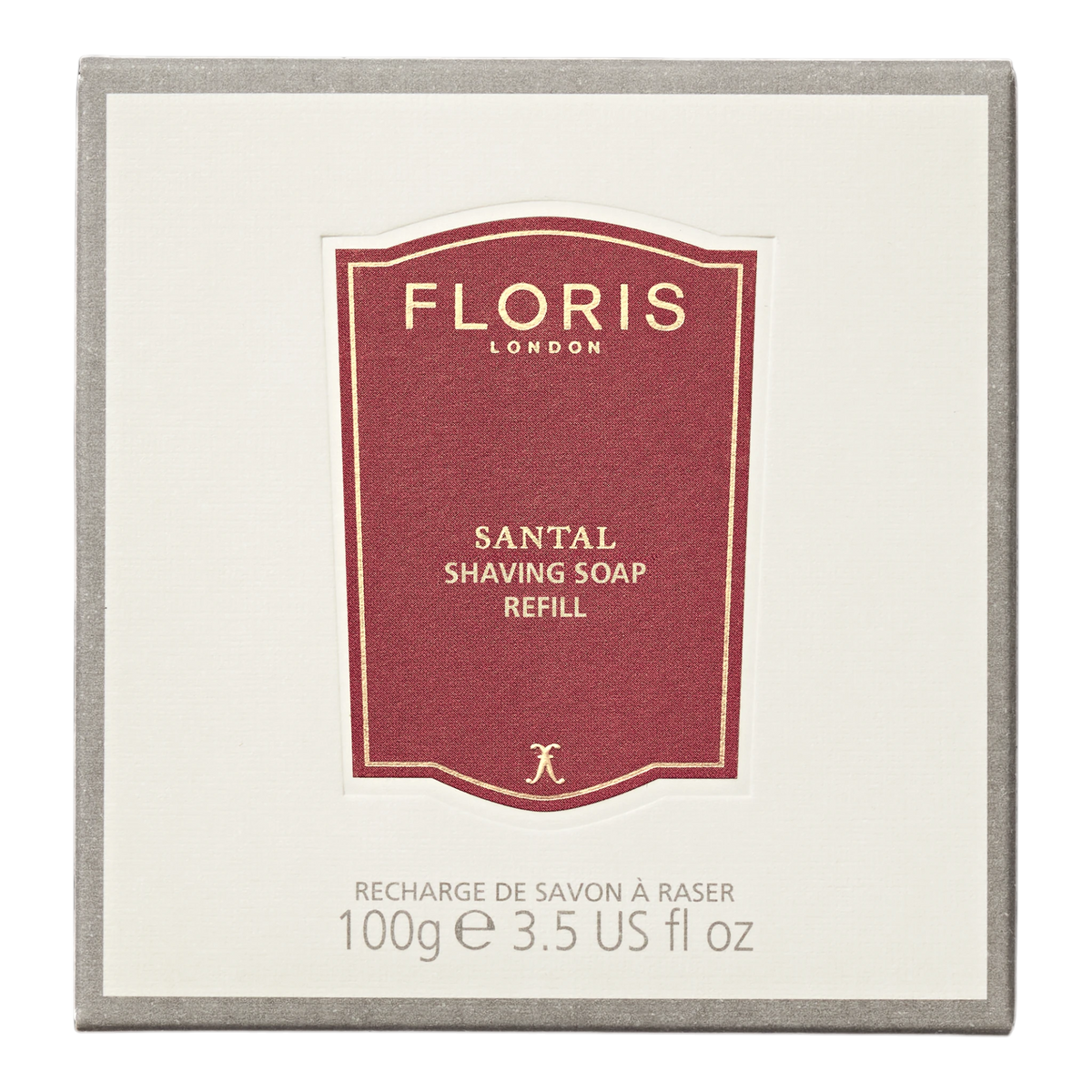 Floris Santal barbersåpe refill i grå papirboks med rød etikett