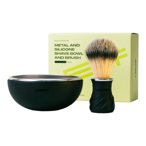 Leaf Shave barbersett svart boks med skål og børste i metall og silikon