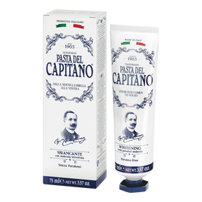 Pasta del Capitano 1905 whitening tannkrem 75ml i hvit blå design med historisk italiensk stil