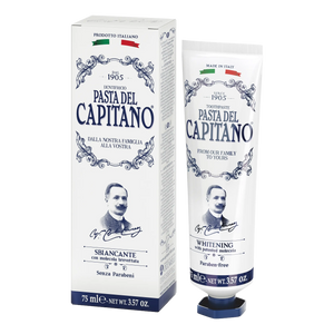 Pasta del Capitano 1905 whitening tannkrem 75ml i hvit blå design med historisk italiensk stil