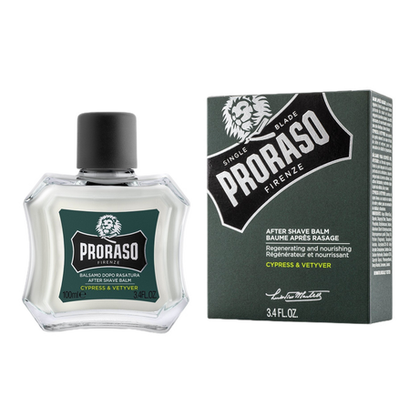 Proraso Single Blade etterbarberingsbalsam med sypress og vetiver i 100 ml glassflaske med original boks