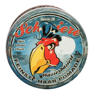 Nærbilde av vintage etikett på Schmiere Rumble 59 hårpomade