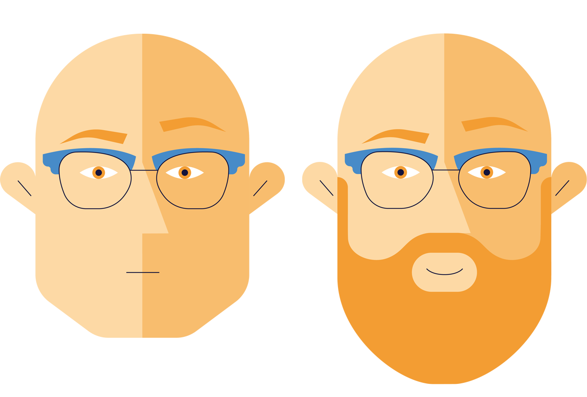 Illustrasjon av en mann med kvadratisk hodeform med og uten skjegg.