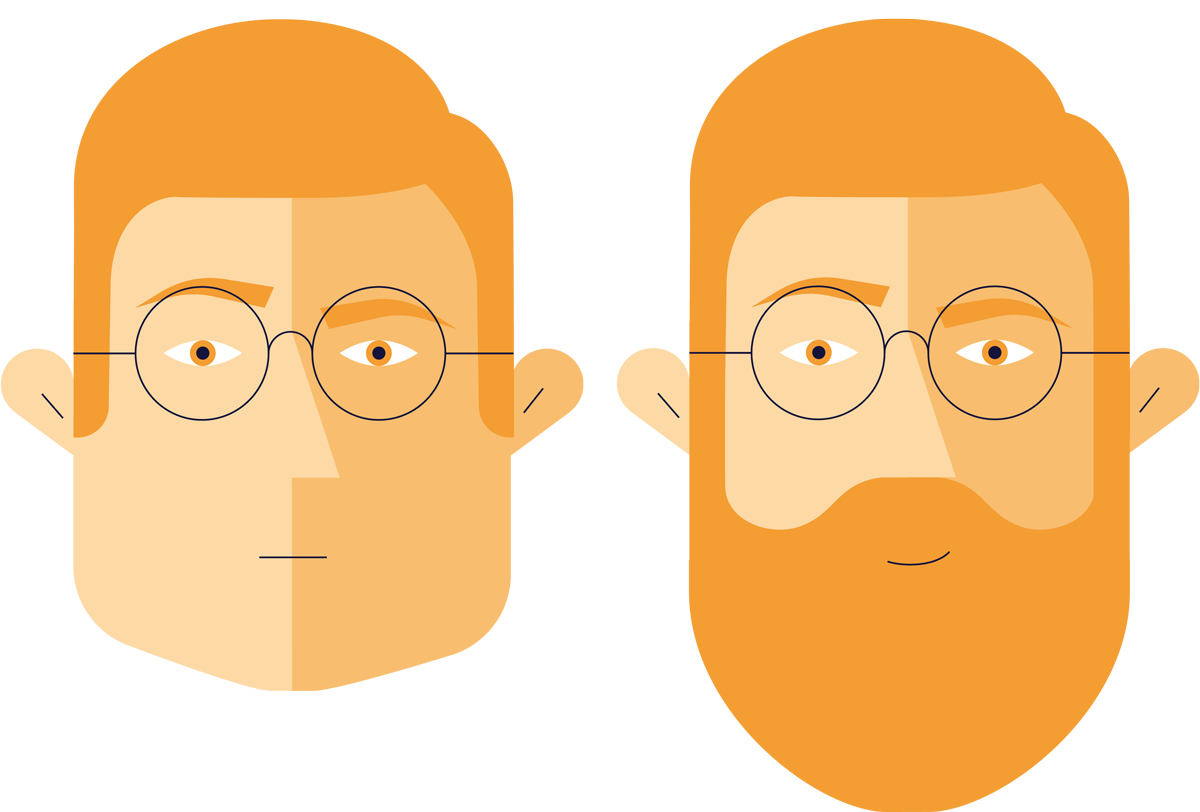 Illustrasjon av en mann med rektangulær hodeform med og uten skjegg.