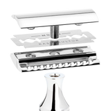 Bilde som viser topp-plate, barberblad, bunnplate og skaft i ulike deler.