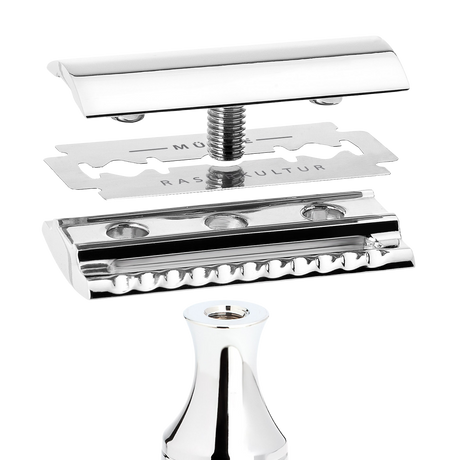 Bilde som viser topp-plate, barberblad, bunnplate og skaft i ulike deler.