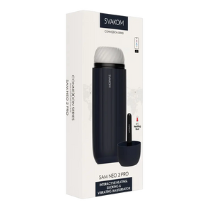 Svakom Sam Neo 2 Pro produktboks med illustrasjon av masturbator og oppvarmingsfunksjon
