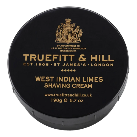 Truefitt & Hill barberkrem i skål West Indian Limes med gulltrykk og våpenlogo