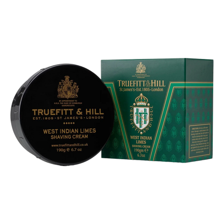 Truefitt & Hill West Indian Limes barberkrem i skål og grønn eske