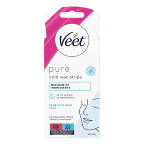 Veet Pure kalde voksstrips for sensitiv hud i ansiktet, 20 stk med våtservietter