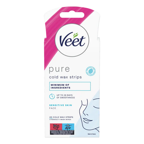 Veet Pure kalde voksstrips for sensitiv hud i ansiktet, 20 stk med våtservietter