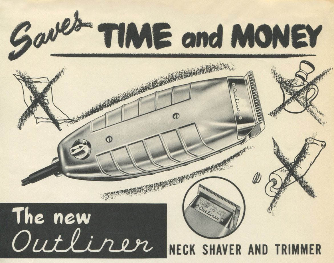 Gammel reklame fra Andis for hårklipper som viser en illustrasjon av en hårtrimmer og engelsk tekst