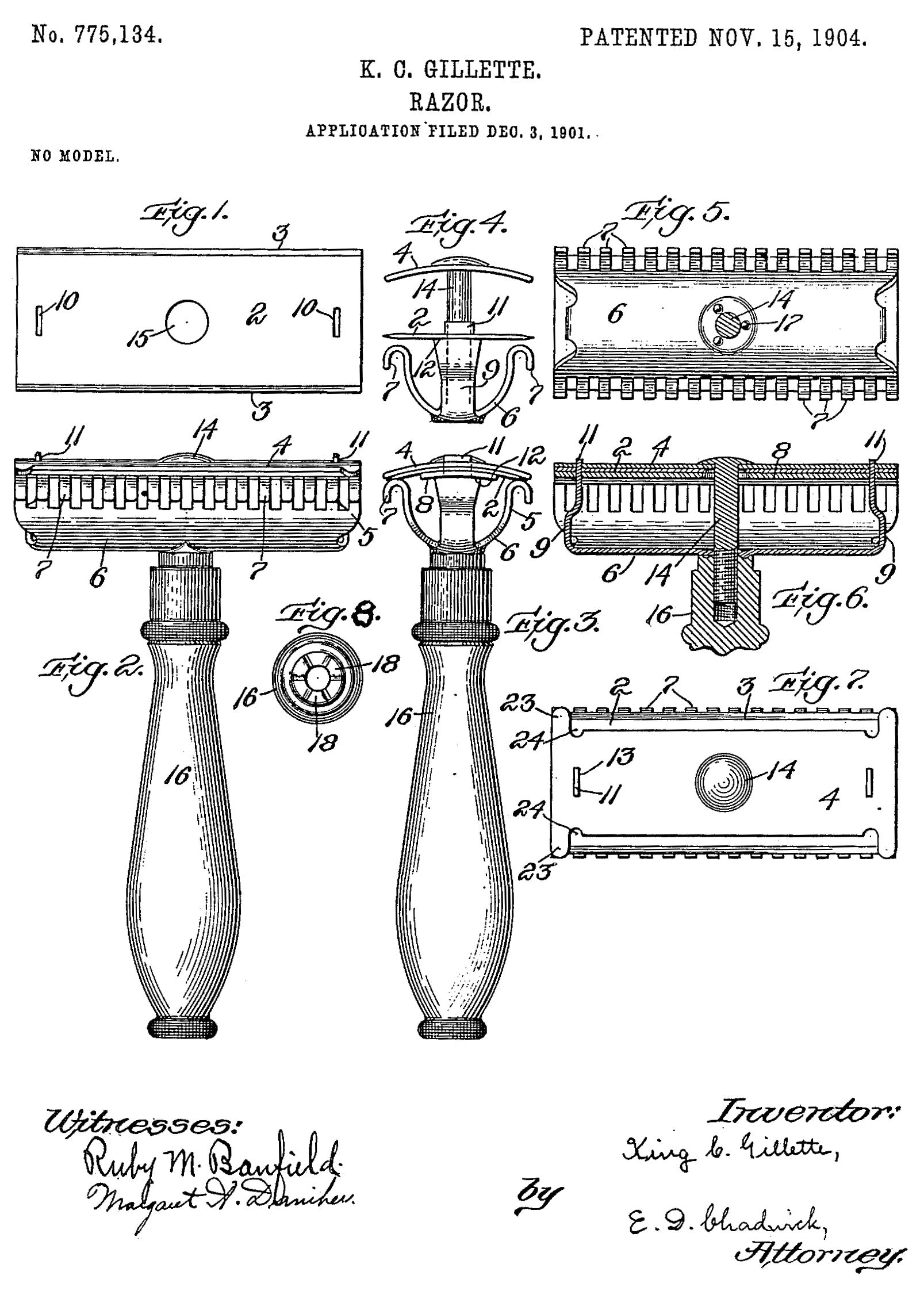 Illustrasjon fra 1904 som viser patent på tradisjonelt barberblad.