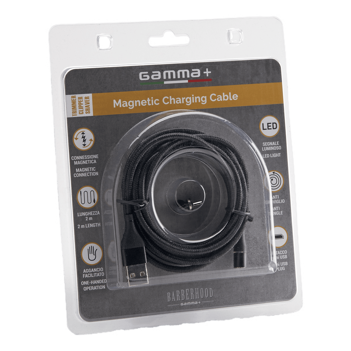 Gamma+ magnetisk ladekabel i plastpakning for barbermaskin