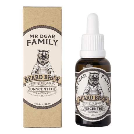 Mr Bear Family skjeggolje uscented i brun glassflaske med pipette og beige kartong