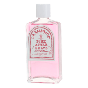 D.R. Harris Pink Aftershave i glassflaske med rosa væske og hvit etikett