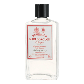 D.R. Harris Marlborough cologne i glassflaske med hvit etikett og svart kork