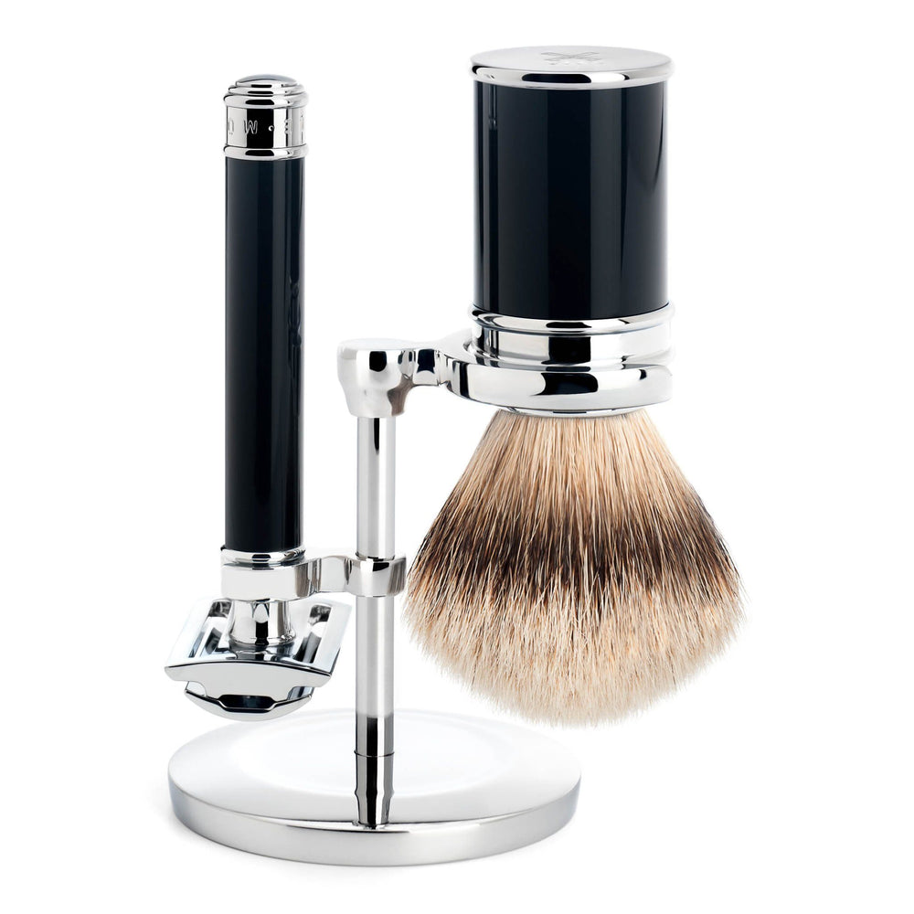 Mühle Traditional barbersett Sort resin Silvertip grevlinghår